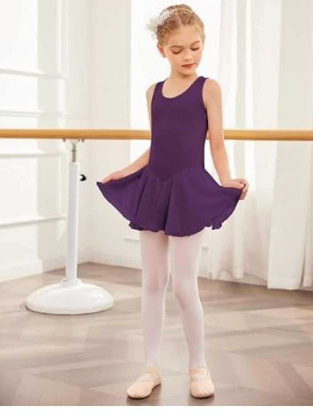 Girls Hollow Back Ballet Leotard with Skirt Sleeveless Dance Dress Purple